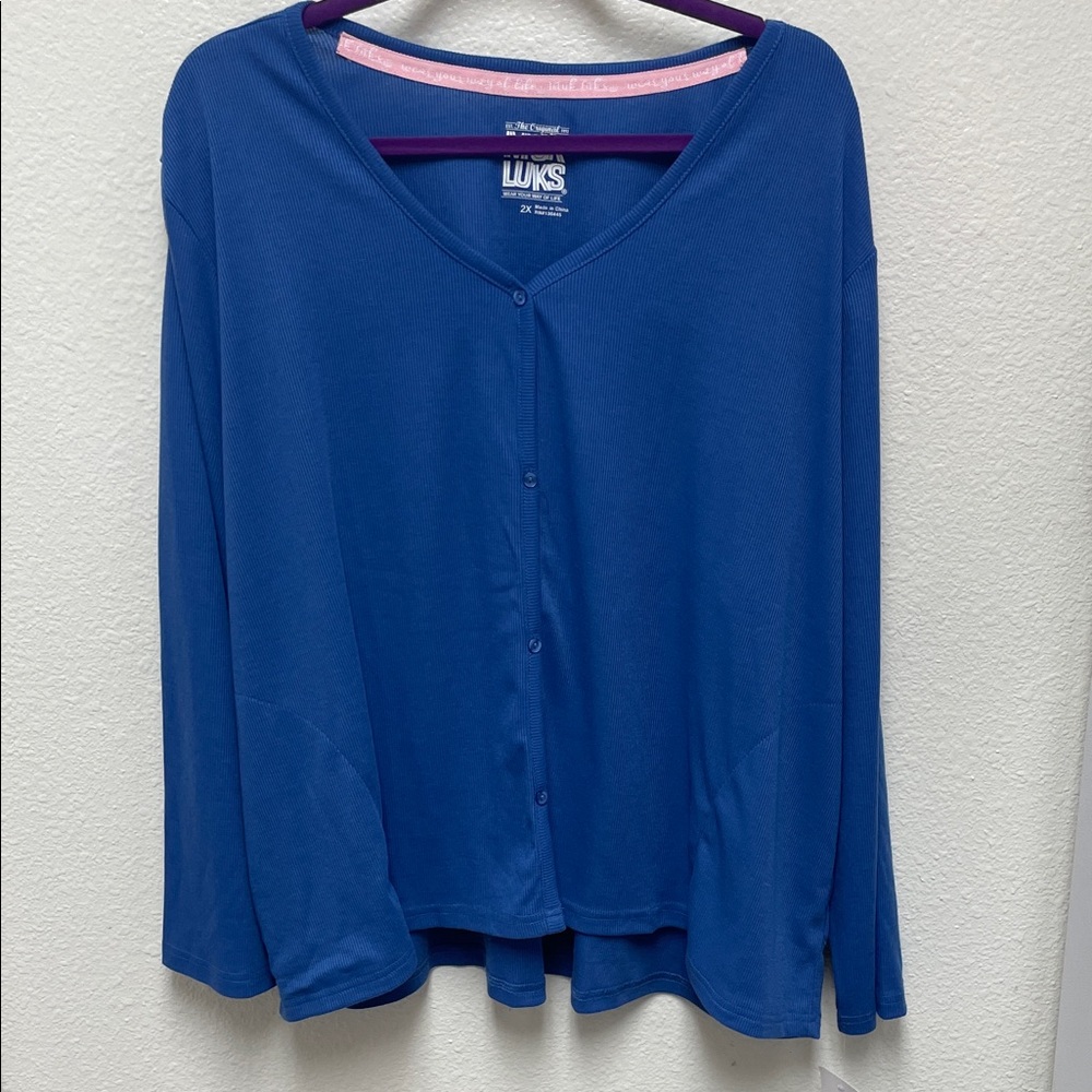 Muk Luks Royal Blue Button Up Cardigan Shirt Loungewear Women’s 2X Pockets